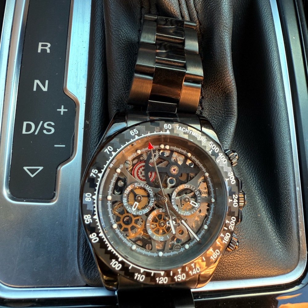 Black Skeleton Dial Watch
